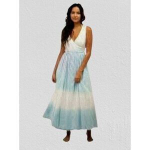 Beau & Ro Womens Ombre Blue & White Sleeveless Wrap Midi Dress Cotton Blend